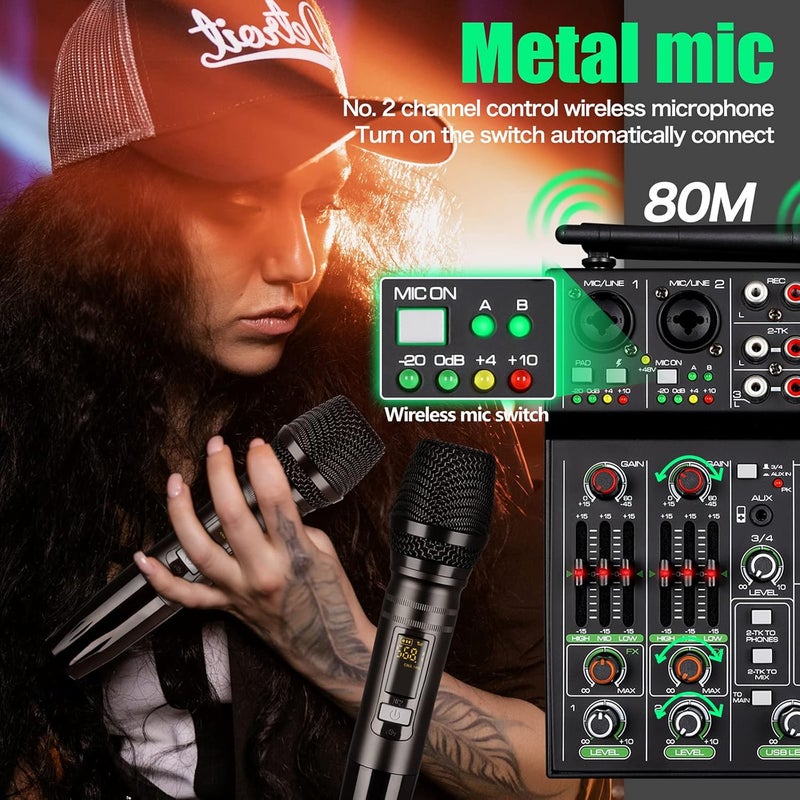 DGNOG Professional Audio Mixer, 4 Channel Sound Mixer With Dual Wireless Mic, Sound Board Console MP3 Bluetooth 48V Phantom Power USB Interface DJ Mixing for Home Karaoke Party Computer Studio Recording - Image 4